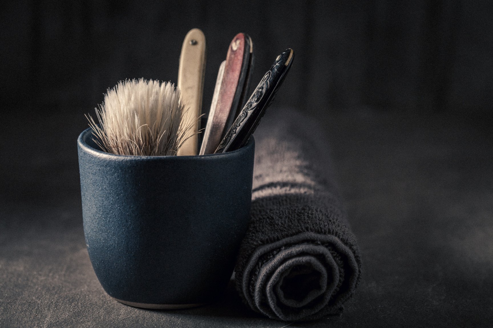 Unique tools for shave with grey soap, razor and brush